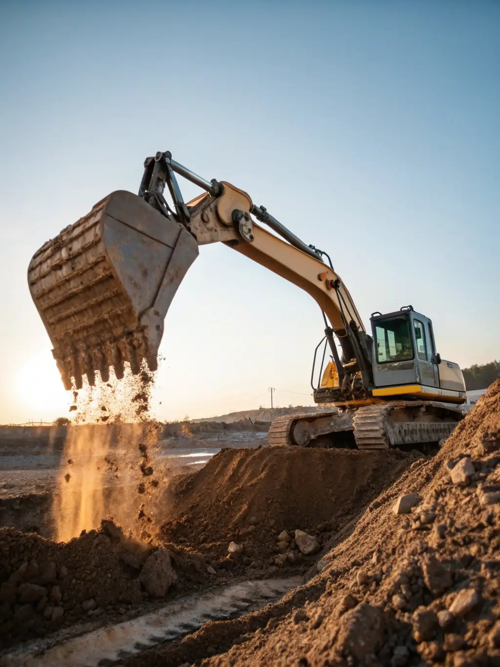 A Komatsu PC210 excavator, with a yellow body, digging on a construction site in a CARICOM nation, demonstrating its efficiency and versatility.