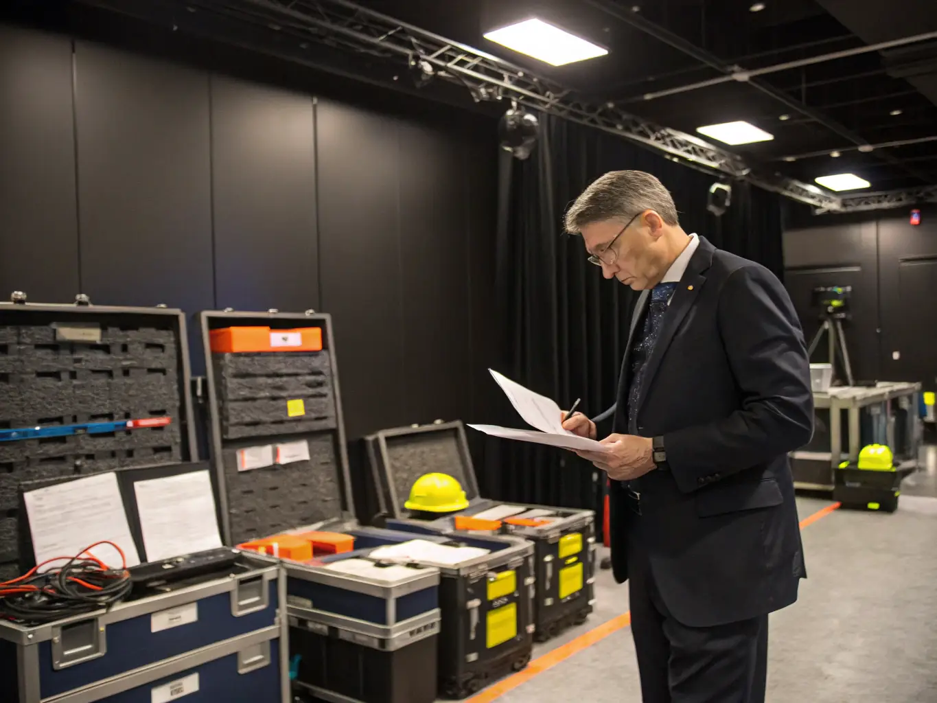 A photograph of a procurement specialist at Caribbean Infrastructure & Industrial Solutions reviewing a detailed technical specification document, with various industrial parts and components in the background.