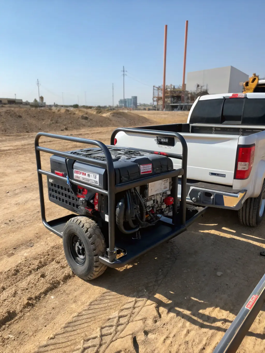 A wide shot of a Caribbean Infrastructure & Industrial Solutions-branded generator powering a construction site in a rural CARICOM nation. The generator is shown operating reliably under challenging conditions.