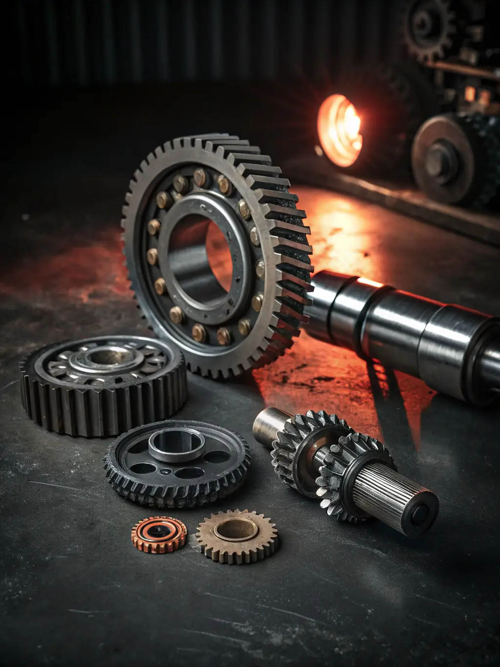A photograph of a variety of high-quality industrial parts manufactured by Caribbean Infrastructure & Industrial Solutions, neatly arranged on a workbench. The parts include gears, bearings, and fasteners.